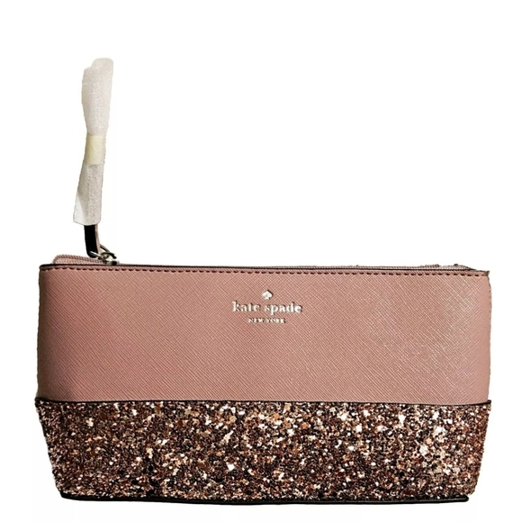 NewKATE SPADE City Scape Glitter Little Shiloh Luxury Cosmetics Case Dusty Peony - Picture 7 of 9